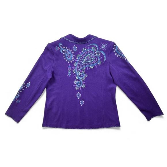 Bob Mackie Blazer Purple Wool Blend Art To Wear Boho Mod Retro Paisley Jacket L - Picture 7 of 10